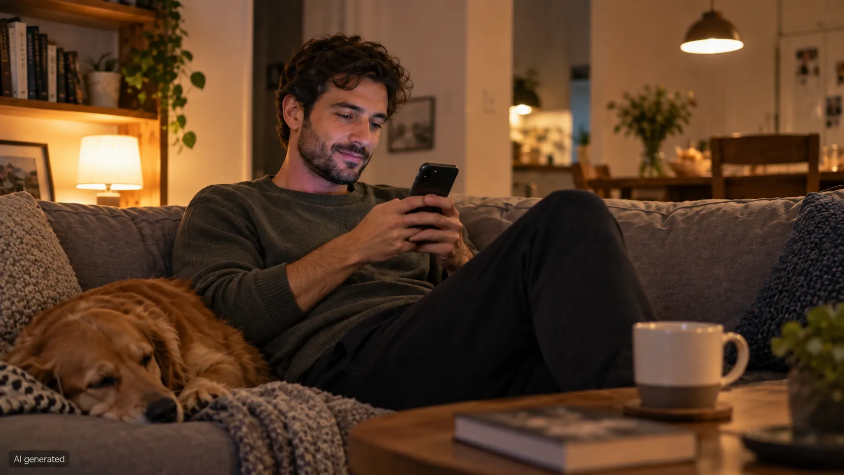 Man relaxing on a sofa and using his phone in his spare time at home.