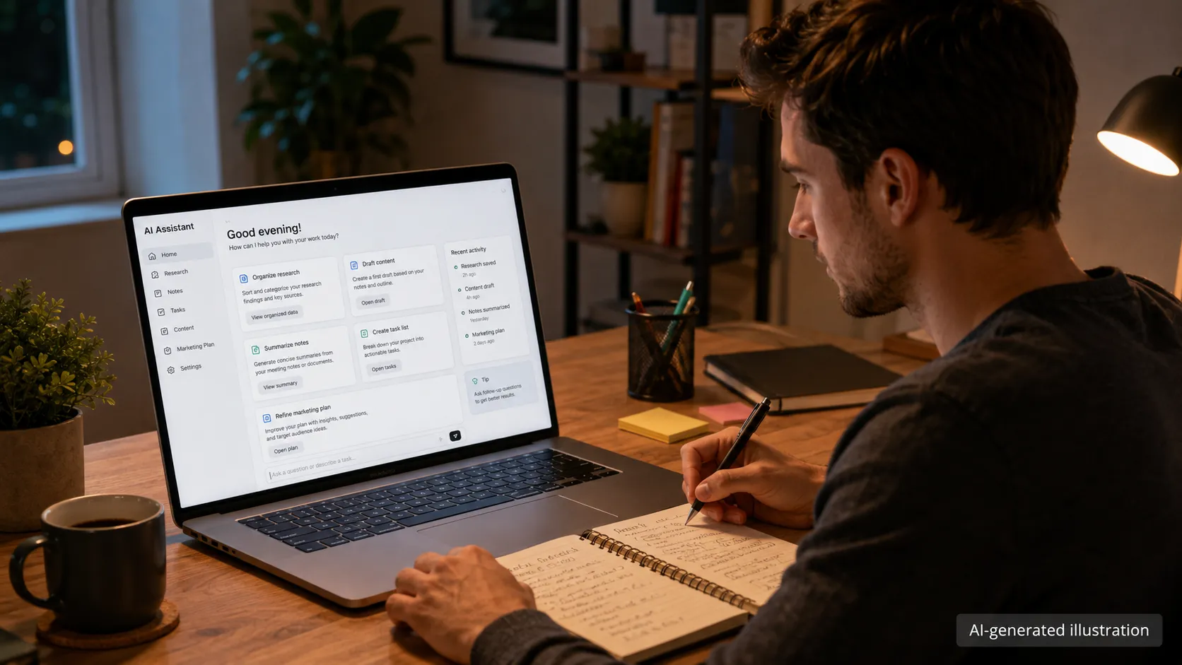 Person using an AI assistant on a laptop to offer AI-assisted services from home