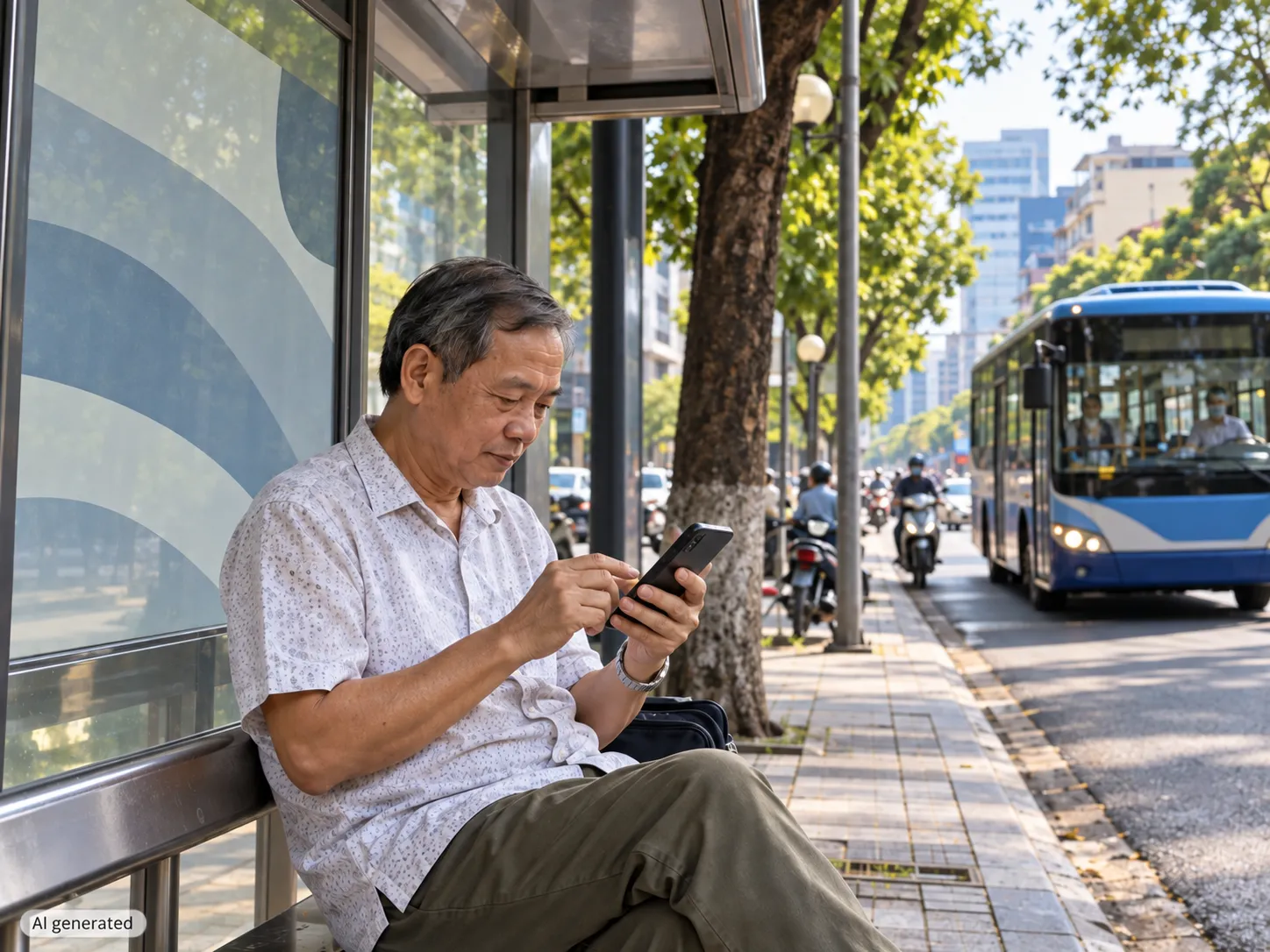 Older man using his smartphone while waiting at a city bus stop.
