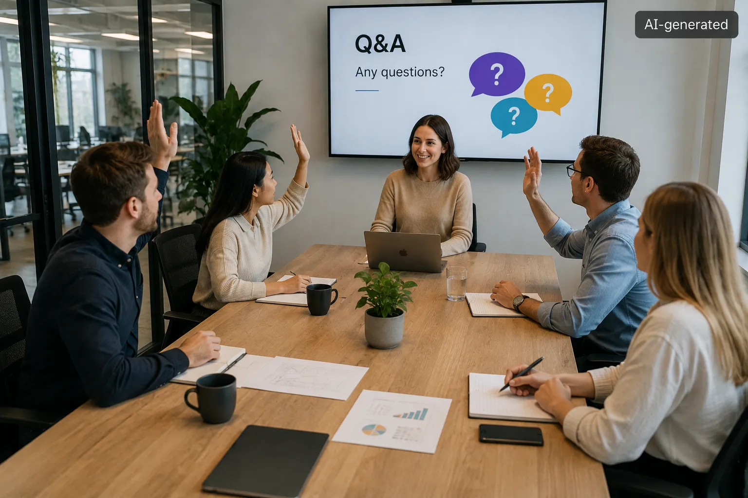 Office meeting with employees raising their hands to ask questions.