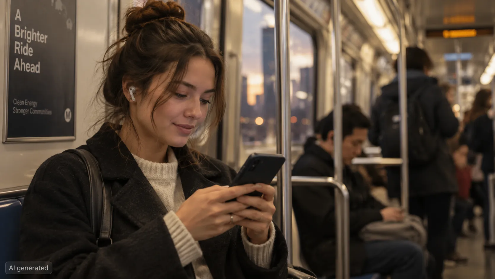 Woman playing a mobile game on her phone while commuting home on the subway.